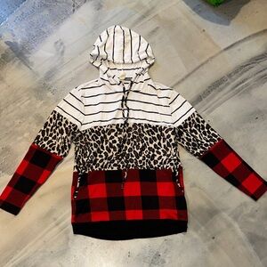 Sunshine & Rodeos Mixed Print Hoodie - Leopard, Plaid, & Stripes - Small